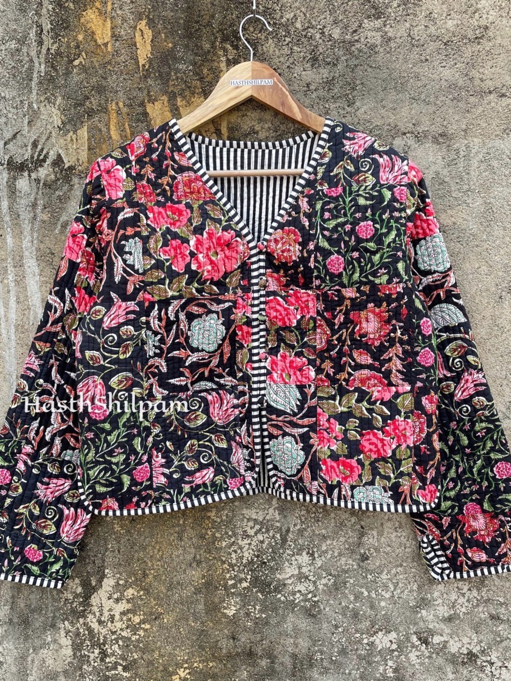Hand Block Printed Quilted Cotton Reversible Jacket XL